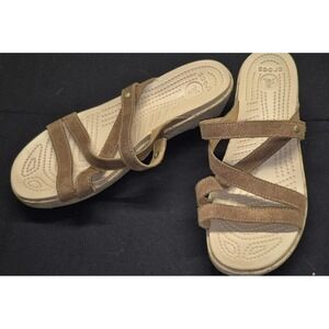 Crocs A-Leigh Cork Rawhide Brown Leather Strappy Low Wedge Sandals Women's 8